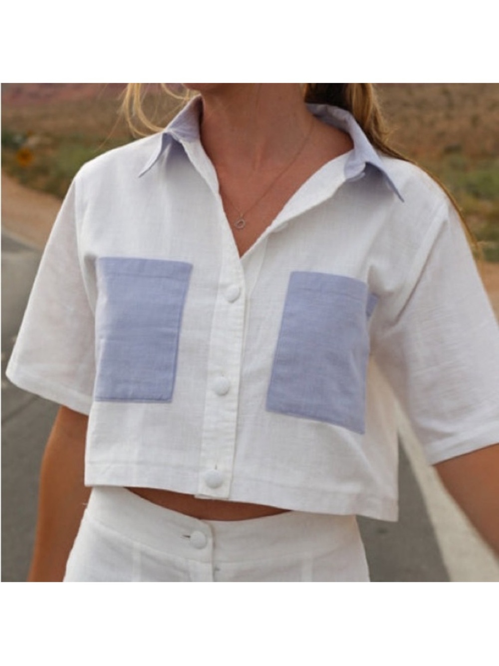 Yllw The Label Small Petra Linen Button Up Shirt White Periwinkle Crop Coastal